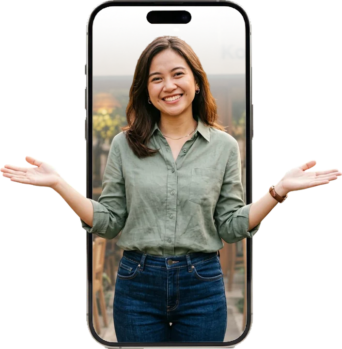 Talenta tersenyum membuka tangan di dalam layar ponsel
