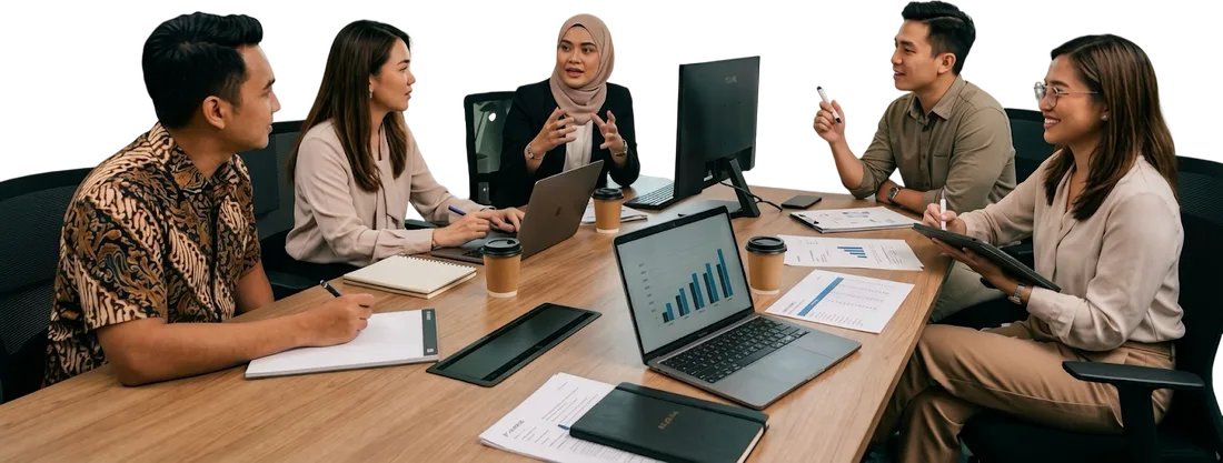 Tim berdiskusi di meja rapat dengan laptop dan catatan
